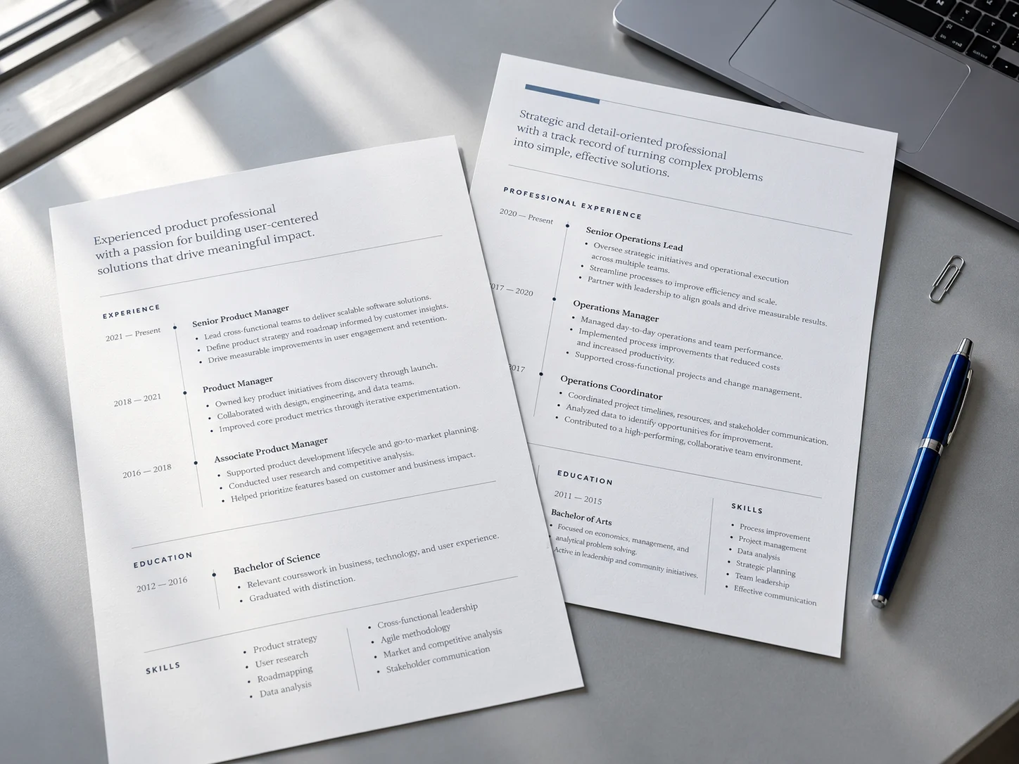 Two professionally typeset resumes on a desk beside a laptop